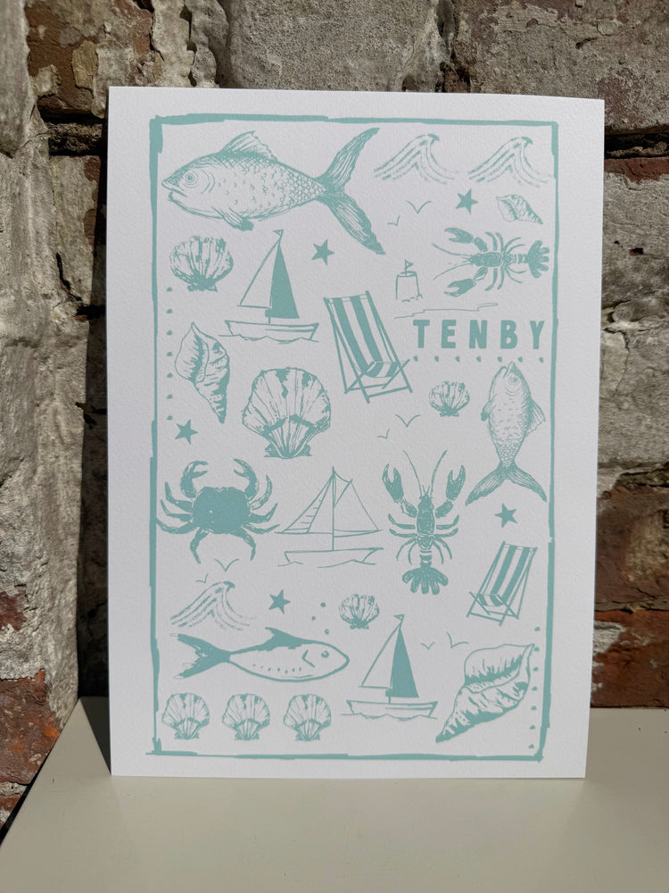 A4 Tenby Seaside Print Turqoise