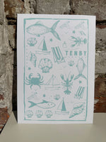 A4 Tenby Seaside Print Turqoise