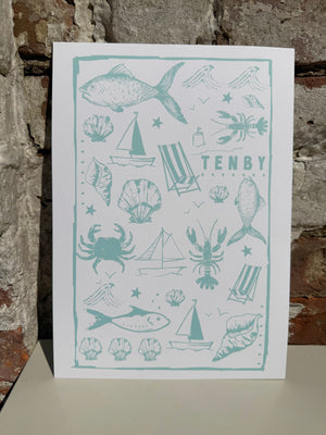 A4 Tenby Seaside Print Turqoise